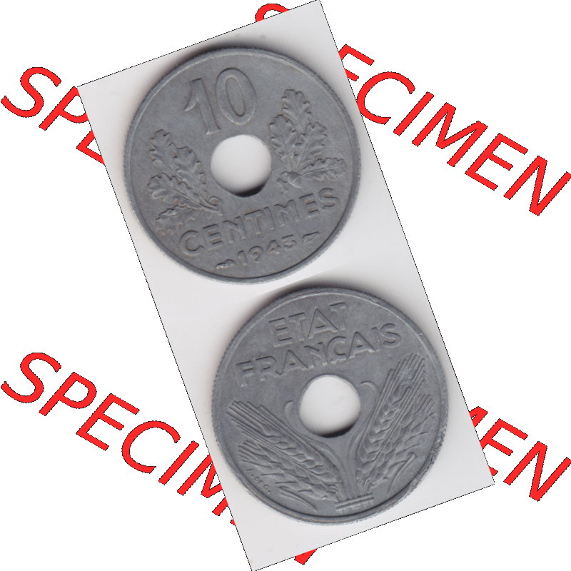Münze Frankreich Umlaufmünzen Sammlung in PNG 1941-1943, 10 Centimes, Etat Francais 1943 (4) - Digitales Münzen-Bildmaterial einer französischen Francs Münze... Sammlung