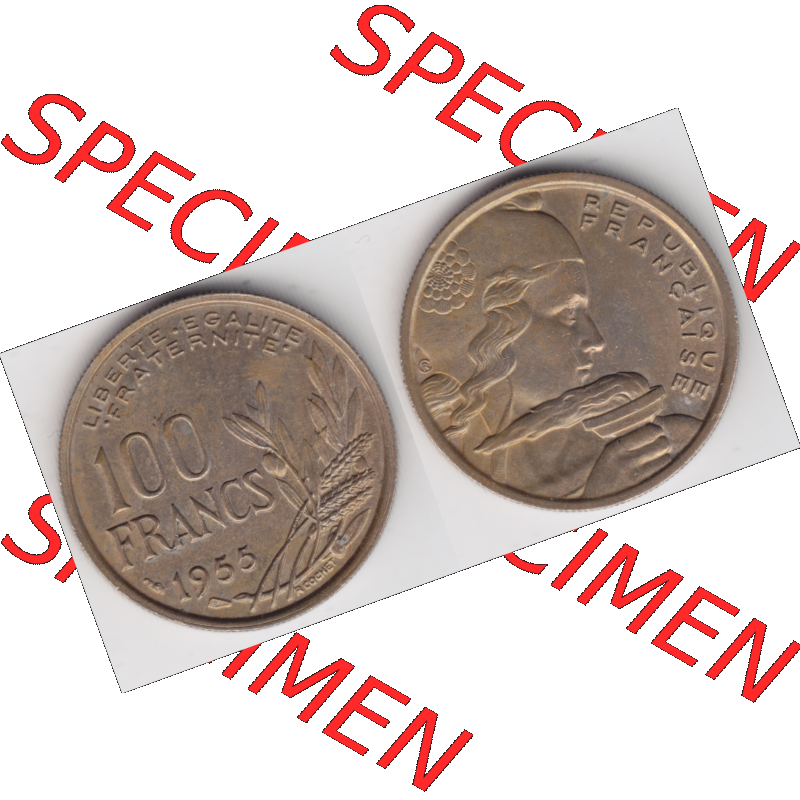 Münze Frankreich Umlaufmünzen Sammlung in PNG 1954-1958, 100 Francs, Franken Typ II 1955 (3) - Digitales Münzen-Bildmaterial einer französischen Francs Münze... Sammlung