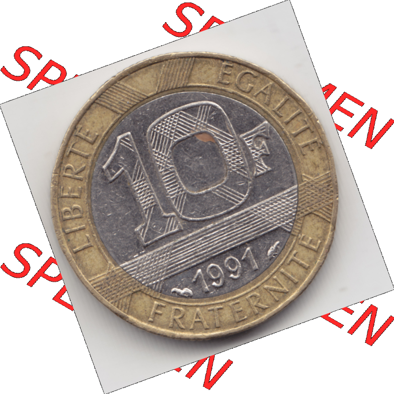 Münze Frankreich Umlaufmünzen Sammlung in PNG 1991, 10 Francs (1) - Digitales Münzen-Bildmaterial einer französischen Francs Münze aus Frankreich in farbige mit... Sammlung
