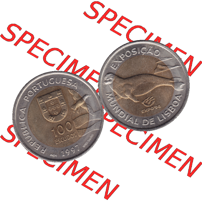 Alte Gedenkmünze aus Portugal als PNG-Grafik 1997, 100 Escudos, EXPO98, Exposicao, Mundial de Lisaboa. Vorderseite und Rückseite auf einen Bild/Foto der portugiesischen... Sammlung
