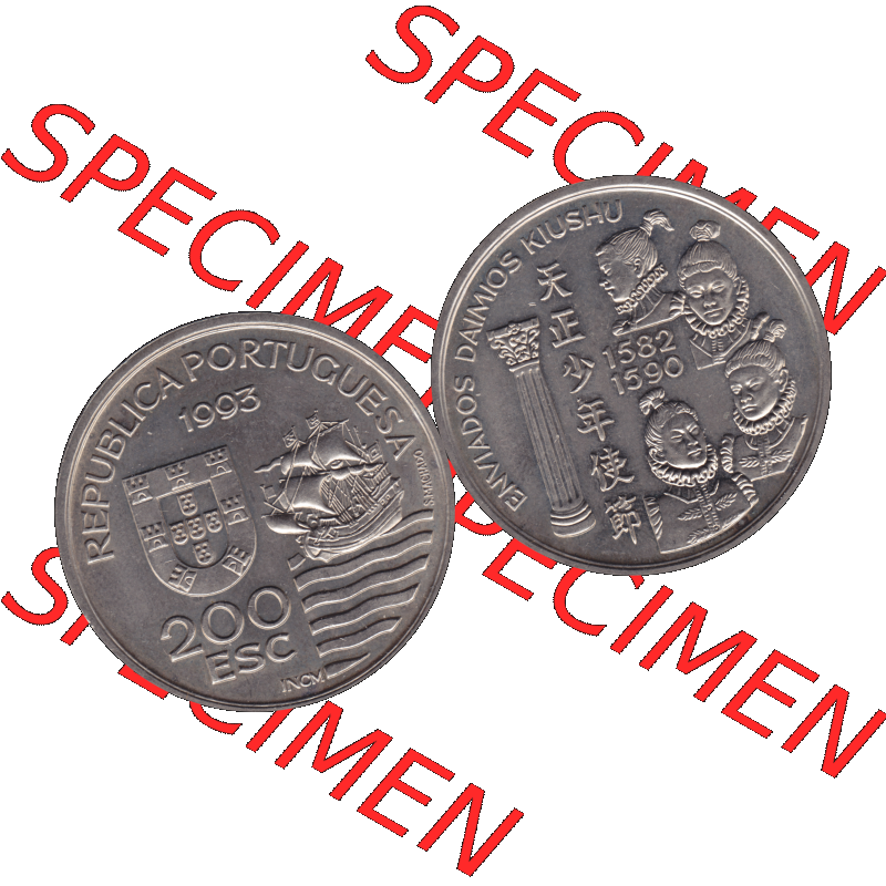 Alte Gedenkmünze aus Portugal als PNG-Grafik 1993, 200 Escudos, Enviados Daimios Kiushu. Vorderseite und Rückseite auf einen Bild/Foto der portugiesischen 200 Escudos Gedenkmünze... Sammlung