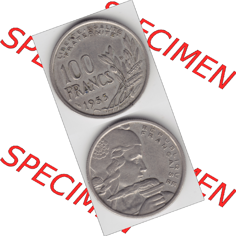 Münze Frankreich Umlaufmünzen Sammlung in PNG 1954-1958; 100 Francs, Franken Typ I. 1955 (4) - Digitales Münzen-Bildmaterial einer französischen Francs Münze... Sammlung