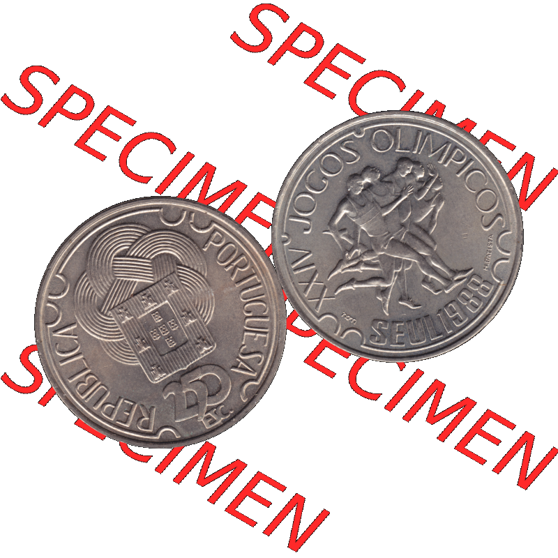 Alte Gedenkmünze aus Portugal als PNG-Grafik 1988, 250 Escudos, XXIV Jogos Olimpicos Seul 1988, Olympiade. Vorderseite und Rückseite auf einen Bild/Foto der portugiesischen... Sammlung
