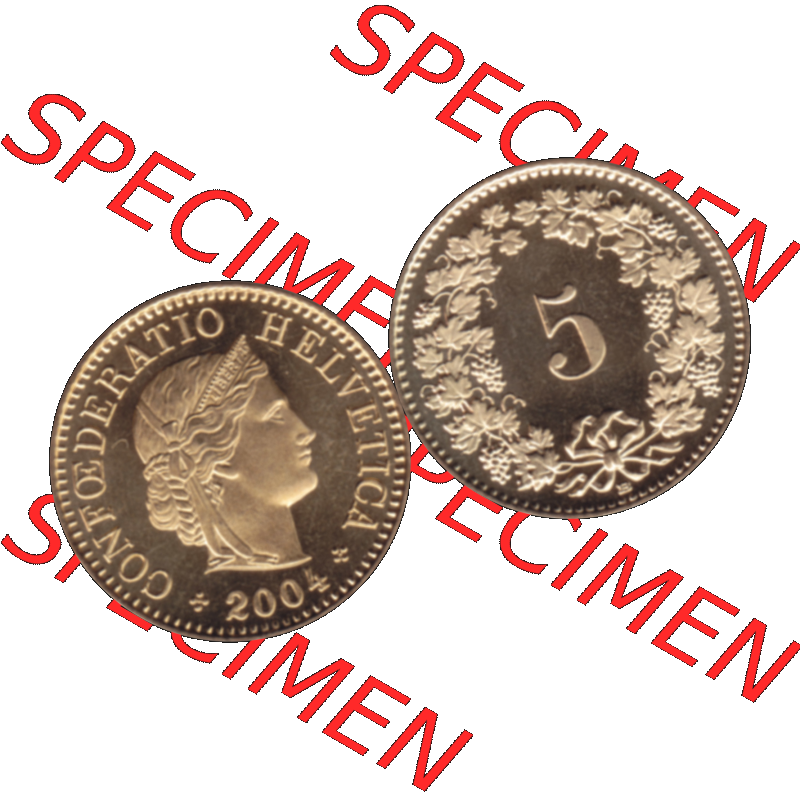 Alte Münze KMS Schweiz in original Farbgebung vom Scanner transparenten PNG 1979-2018, 5 Rappen 2004. Vorderseite und Rückseite der Münze aus der Schweiz horizontal auf einen... Sammlung