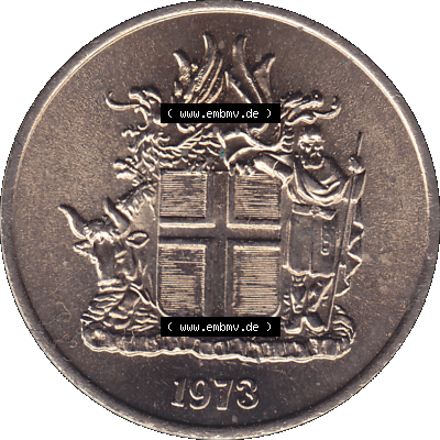 Alte Münze Island Umlaufmünze 1969-1980, 5 Kronur 1973-01, 5 Isländische Kronen. Vorderseite der isländischen Münze. Umlaufmünze aus Island,... Sammlung
