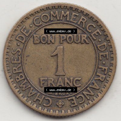 Münze Frankreich Umlaufmünzen Sammlung in PNG 1922-1927, 1 Franken, BON POUR One Franc, 1922-1 CHAMBRES DE COMMERCE DE FRANCE (2) - Digitales Münzen-Bildmaterial... Sammlung