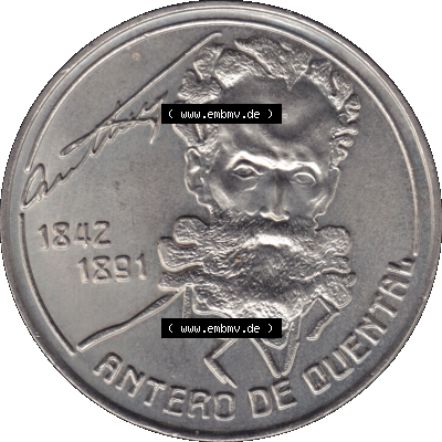 Alte Gedenkmünze aus Portugal als PNG-Grafik 1991, 100 Escudos, Antero de Quental, 1842-1891. Rückseite der portugiesischen Gedenkmünze aus Portugal vor der Euro-Einführung... Sammlung