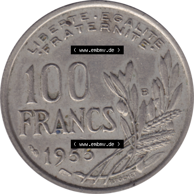 Münze Frankreich Umlaufmünzen Sammlung in PNG 1954-1958; 100 Francs, Franken Typ I. 1955-01 (5) - Digitales Münzen-Bildmaterial einer französischen Francs... Sammlung