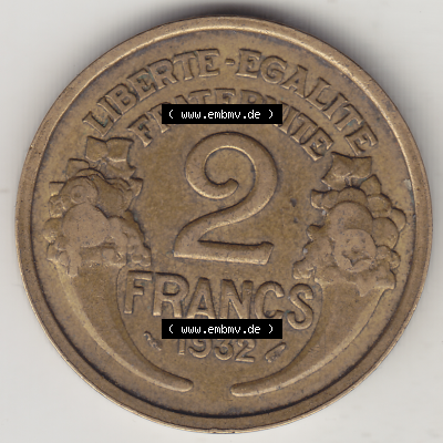 Münze Frankreich Umlaufmünzen Sammlung in PNG 1931-1941, 2 Franken 1932-2 LIBERTE EGALITE FRATERNITE (2) - Digitales Münzen-Bildmaterial einer französischen Francs Münze... Sammlung