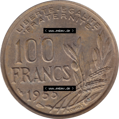 Münze Frankreich Umlaufmünzen Sammlung in PNG 1954-1958, 100 Francs, Franken Typ II 1955-01 (5) - Digitales Münzen-Bildmaterial einer französischen Francs Münze... Sammlung
