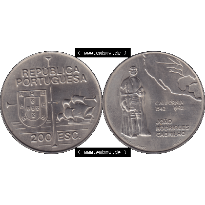 Alte Gedenkmünze aus Portugal als PNG-Grafik 1992, 200 Escudos, California 1542, Joao Rodrigues Cabrilho. Vorderseite und Rückseite auf einen Bild/Foto der portugiesischen... Sammlung
