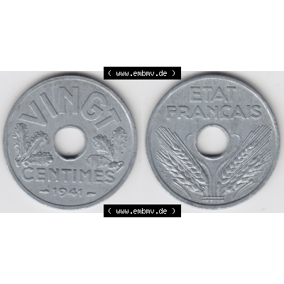 Münze Frankreich Umlaufmünzen Sammlung in PNG 1941-1941, VINGT 20 Centimes, Cent (3) - Digitales Münzen-Bildmaterial einer französischen Francs Münze aus... Sammlung