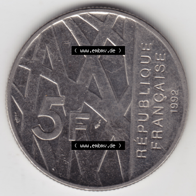 Münze Frankreich Umlaufmünzen Sammlung in PNG 1992-1992, 000500. 5 Francs Franken in Nickel (1) - Digitales Münzen-Bildmaterial einer französischen Francs Münze... Sammlung