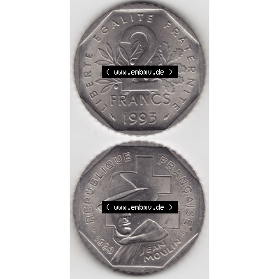 Münze Frankreich Umlaufmünzen Sammlung in PNG 1993-1993, 2 Francs Jean Moulin (4) - Digitales Münzen-Bildmaterial einer französischen Francs Münze aus Frankreich... Sammlung