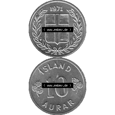 Alte Münze Island Umlaufmünze 1970-1974, 10 Aurar 1974-01, 10 Isländische Aurar Graustufen. Vorderseite und Rückseite in Graustufen der Münze aus Island,... Sammlung