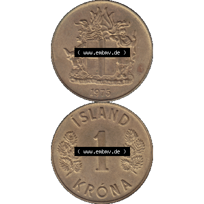 Alte Münze Island Umlaufmünze 1967-1975, 1 KR Krone 1975-01. Vorderseite und Rückseite der Münze, Umlaufmünze / Kursmünze Island vertikal auf einen... Sammlung