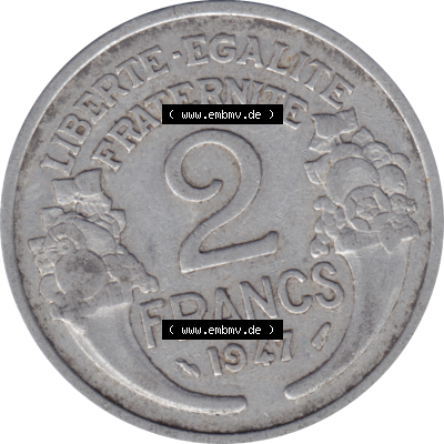 Münze Frankreich Umlaufmünzen Sammlung in PNG 1941-1959, 2 Francs, Franken 1947-01 (5) - Digitales Münzen-Bildmaterial einer französischen Francs Münze aus... Sammlung