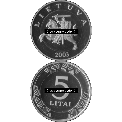 Alte Münze Litauen Kursmünzensatz 1998-2014, 5 Litai 2003-01 Graustufen. Vorderseite und Rückseite in Graustufen der litauischen KMS-Münze 2003, vertikal auf einen... Sammlung