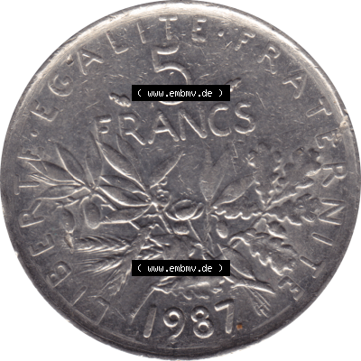 Münze Frankreich Umlaufmünzen Sammlung in PNG 1970-2001, 5 Francs Liberte Egalite Fraternite 1987-01 (5) - Digitales Münzen-Bildmaterial einer französischen Francs Münze... Sammlung
