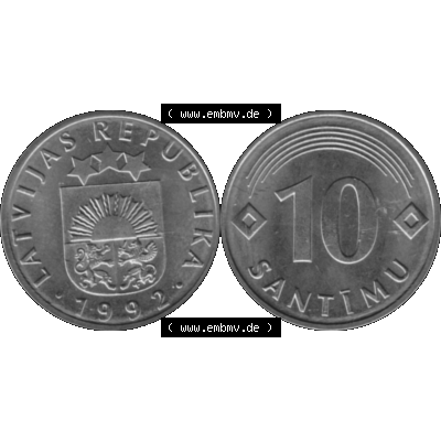 Alte Münze Lettland Umlaufmünze 1992-2008, 10 Santimu 1992-01, VS Staatswappen, RS. Wert-Zahl Graustufen. Vorderseite und Rückseite der lettischen Münze... Sammlung