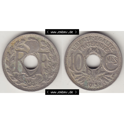 Münze Frankreich Umlaufmünzen Sammlung in PNG 1917-1938, 10 Centimes - Cmes 1938-2 (3) - Digitales Münzen-Bildmaterial einer französischen Francs Münze aus Frankreich... Sammlung