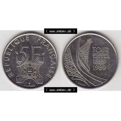 Münze Frankreich Umlaufmünzen Sammlung in PNG 1989-1989, 5 Francs Franken Eiffelturm (3) - Digitales Münzen-Bildmaterial einer französischen Francs Münze aus Frankreich... Sammlung