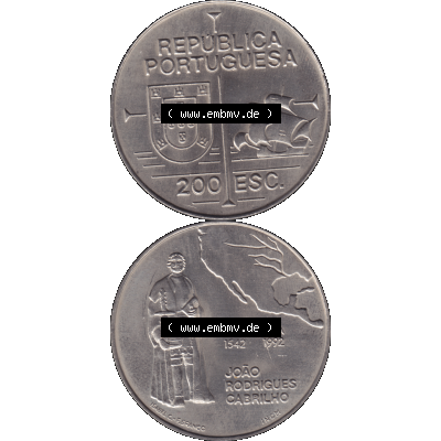 Alte Gedenkmünze aus Portugal als PNG-Grafik 1992, 200 Escudos, California 1542, Joao Rodrigues Cabrilho. Vorderseite und Rückseite vertikal - untereinander auf einen... Sammlung