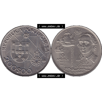 Alte Gedenkmünze aus Portugal als PNG-Grafik 1992, 200 Escudos, America 1492, Novomundo, Xpo Perens. Vorderseite und Rückseite auf einen Bild/Foto der portugiesischen... Sammlung