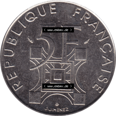 Münze Frankreich Umlaufmünzen Sammlung in PNG 1989-1989, 5 Francs Franken Eiffelturm 1989-01 (5) - Digitales Münzen-Bildmaterial einer französischen Francs Münze... Sammlung