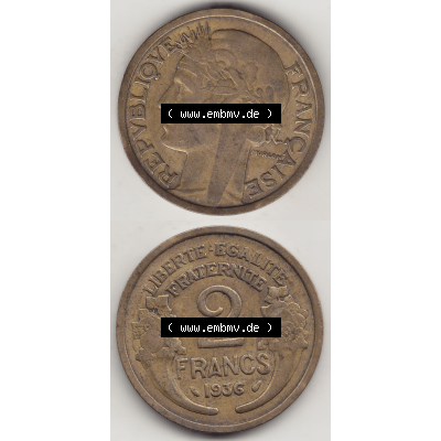 Münze Frankreich Umlaufmünzen Sammlung in PNG 1931-1941, 2 Franken 1936-1 LIBERTE EGALITE FRATERNITE (4) - Digitales Münzen-Bildmaterial einer französischen Francs Münze... Sammlung