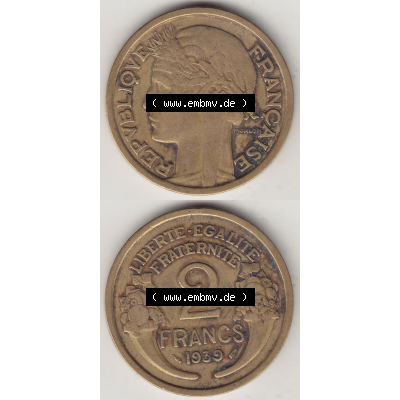 Münze Frankreich Umlaufmünzen Sammlung in PNG 1931-1941, 2 Franken 1939-1 LIBERTE EGALITE FRATERNITE (4) - Digitales Münzen-Bildmaterial einer französischen Francs Münze... Sammlung