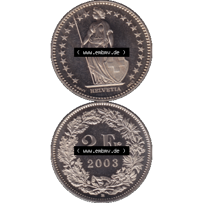 Alte Münze KMS Schweiz in original Farbgebung vom Scanner transparenten PNG 1983-2018, 2 Franken 2003. Vorderseite und Rückseite der Münze Umlaufmünze / Kursmünze... Sammlung