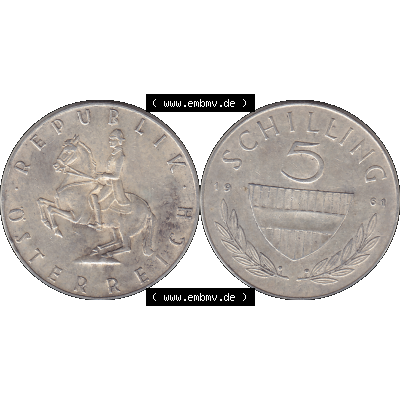 Alte Münze 5 / Fünf Schilling Österreich in original Farbgebung von Scanner transparenten PNG 1960-1968, 5 Fünf Schilling 1961-02, 5,20 Gramm 640er Silber,... Sammlung