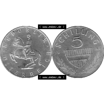 Alte Münze 5 / Fünf Schilling Österreich in s/w Schwarzweiß bzw. Graustufen Farbgebung von Scanner transparenten PNG 1960-1968, 5 Fünf Schilling 1967-01,... Sammlung