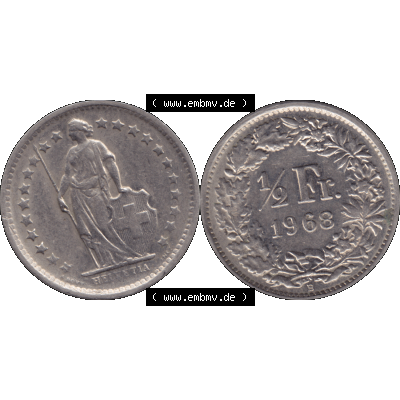 Alte Münze Schweiz in original Farbgebung vom Scanner transparenten PNG 1968-1982, 1/2 (halber) Franken B 1968-02. Vorderseite und Rückseite der Münze aus der... Sammlung