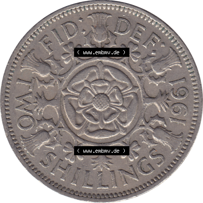 Münzen Großbritannien Umlaufmünzen Sammlung in PNG Großbritannien 1954-1970, 2 Schilling-Florin, Two Shillings, 1961-01 ELIZABETH II DEI GRATIA REGINA (6)... Sammlung