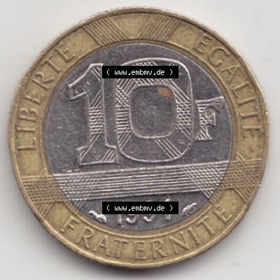 Münze Frankreich Umlaufmünzen Sammlung in PNG 1991, 10 Francs (1) - Digitales Münzen-Bildmaterial einer französischen Francs Münze aus Frankreich in farbige mit... Sammlung