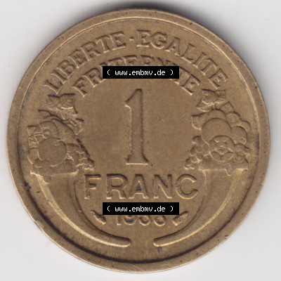 Münze Frankreich Umlaufmünzen Sammlung in PNG 1931-1941, 1 Francs, Franken 1938 (1) - Digitales Münzen-Bildmaterial einer französischen Francs Münze aus Frankreich... Sammlung