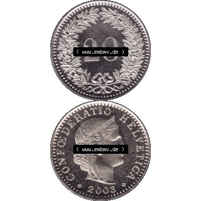 Alte Münze KMS Schweiz in original Farbgebung vom Scanner transparenten PNG 1939-2018, 20 Rappen 2003. Erst die Rückseite Oben und dann die Vorderseite unten der Münze Umlaufmünze... Sammlung