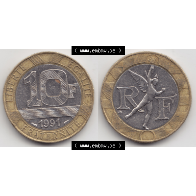 Münze Frankreich Umlaufmünzen Sammlung in PNG 1991, 10 Francs (3) - Digitales Münzen-Bildmaterial einer französischen Francs Münze aus Frankreich in farbige mit... Sammlung
