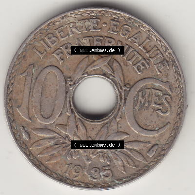 Münze Frankreich Umlaufmünzen Sammlung in PNG 1917-1938, 10 Centimes - Cmes 1935-2 (2) - Digitales Münzen-Bildmaterial einer französischen Francs Münze aus Frankreich... Sammlung