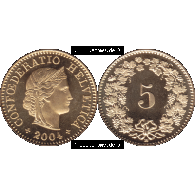 Alte Münze KMS Schweiz in original Farbgebung vom Scanner transparenten PNG 1979-2018, 5 Rappen 2004. Vorderseite und Rückseite der Münze aus der Schweiz horizontal auf einen... Sammlung
