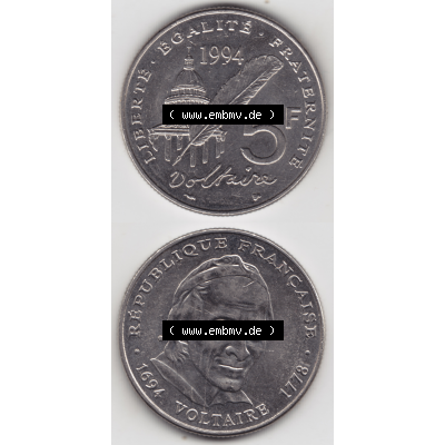 Münze Frankreich Umlaufmünzen Sammlung in PNG 1994-1994, 5 Francs Liberte Egalite Fraternite (4) - Digitales Münzen-Bildmaterial einer französischen Francs Münze... Sammlung