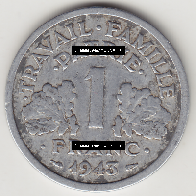 Münze Frankreich Umlaufmünzen Sammlung in PNG 1942-1944, 1 Franken - Francs 1943-1 (2) - Digitales Münzen-Bildmaterial einer französischen Francs Münze aus Frankreich... Sammlung