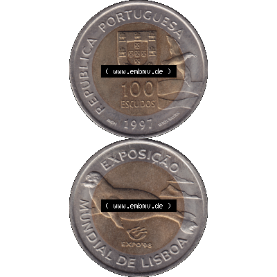 Alte Gedenkmünze aus Portugal als PNG-Grafik 1997, 100 Escudos, EXPO98, Exposicao, Mundial de Lisaboa. Vorderseite und Rückseite vertikal - untereinander auf einen... Sammlung