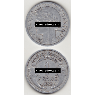 Münze Frankreich Umlaufmünzen Sammlung in PNG 1941-1959, 1 Franken - Francs 1945 (4) - Digitales Münzen-Bildmaterial einer französischen Francs Münze aus Frankreich... Sammlung