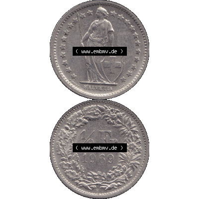 Alte Münze Schweiz in original Farbgebung vom Scanner transparenten PNG 1968-1982, 1/2 (halber) Franken B 1969-03. Vorderseite und Rückseite der Münze Umlaufmünze... Sammlung