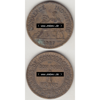 Münze Frankreich Umlaufmünzen Sammlung in PNG 1920-1927, 1 Franken BON POUR 1 FRANC 1927 (4) - Digitales Münzen-Bildmaterial einer französischen Francs Münze aus... Sammlung