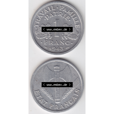 Münze Frankreich Umlaufmünzen Sammlung in PNG 1942-1944, 1 Franc, Franken 1943 (4) - Digitales Münzen-Bildmaterial einer französischen Francs Münze aus Frankreich... Sammlung