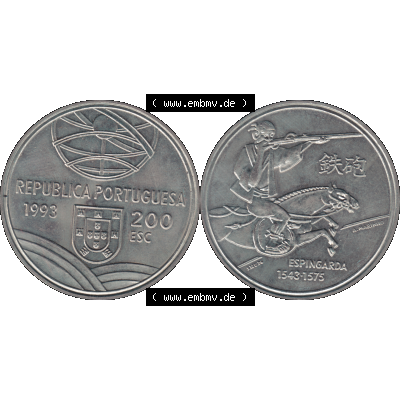 Alte Gedenkmünze aus Portugal als PNG-Grafik 1993, 200 Escudos, Espingarda 1543-1575. Vorderseite und Rückseite auf einen Bild/Foto der portugiesischen 200 Escudos Gedenkmünze... Sammlung